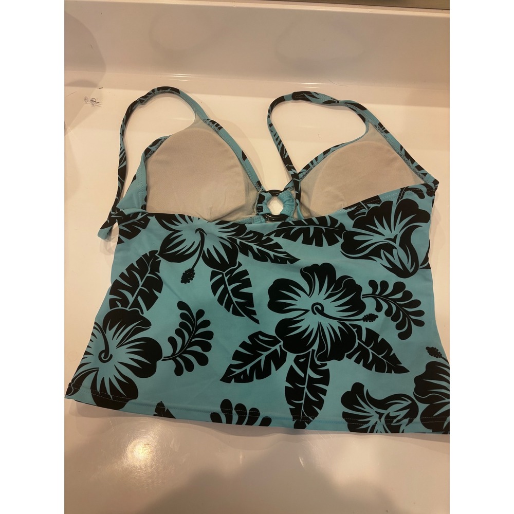 Ocean Dream Turquoise Black Hibiscus Floral O-Ring Tankini Swim Top Womens 10 - Picture 3 of 5